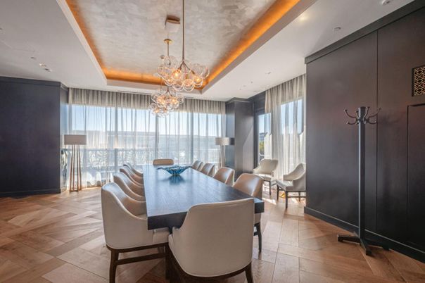 Chandelier, Dining room, Interior, Pendant Lights, Recessed Lighting, Wood Texture Flooring