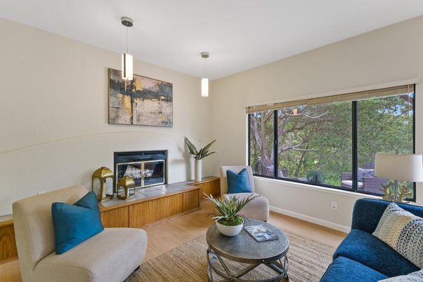 Fireplace, Interior, Living room, Pendant Lights, Wood Texture Flooring