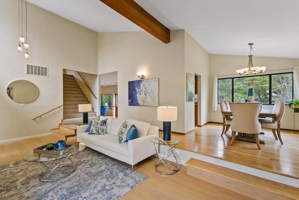 Chandelier, Dining room, Interior, Living room, Pendant Lights, Wooden Beams, Wood Texture Flooring