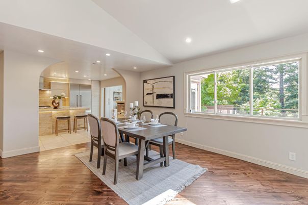 Dining room, Interior, Recessed Lighting, Wood Texture Flooring