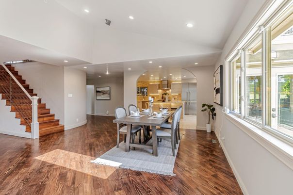 Dining room, Interior, Kitchen, Recessed Lighting, Wood Texture Flooring