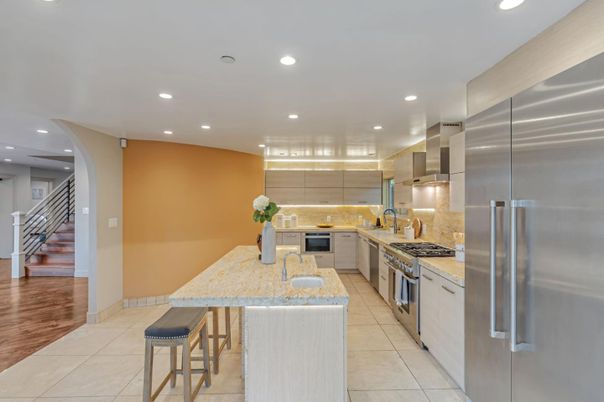Interior, Kitchen, Recessed Lighting, Stainless Steel Appliances, Wood Texture Flooring