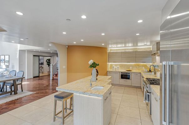 Interior, Kitchen, Recessed Lighting, Stainless Steel Appliances, Wood Texture Flooring