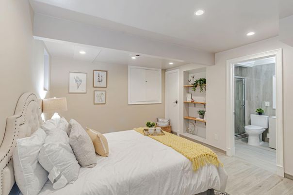 Bathroom, Bedroom, Glass Shower, Interior, Recessed Lighting, Wood Texture Flooring
