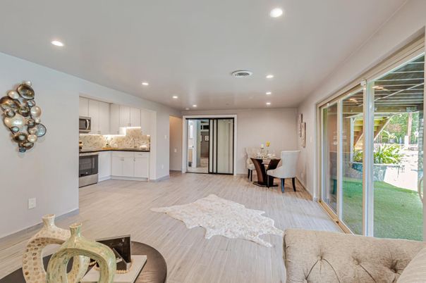 Dining room, Interior, Kitchen, Recessed Lighting, Stainless Steel Appliances, Wood Texture Flooring