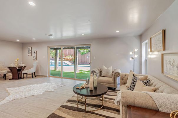 Dining room, Interior, Living room, Recessed Lighting, Wood Texture Flooring