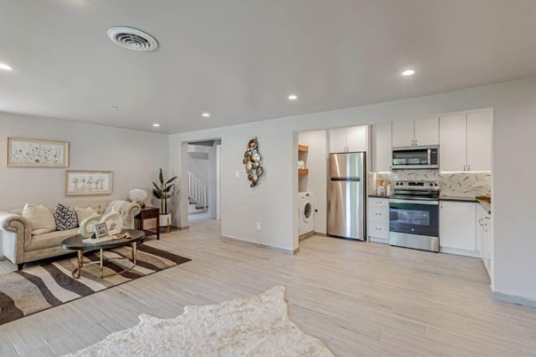 Interior, Kitchen, Living room, Recessed Lighting, Stainless Steel Appliances, Wood Texture Flooring