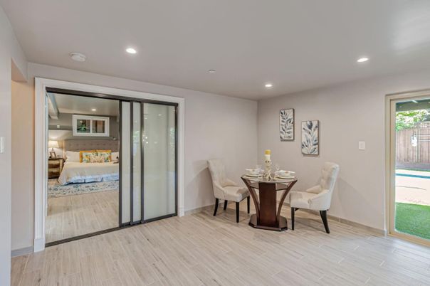 Bedroom, Dining room, Interior, Recessed Lighting, Wood Texture Flooring