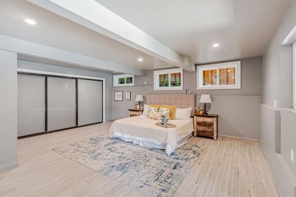Bedroom, Interior, Recessed Lighting, Wood Texture Flooring