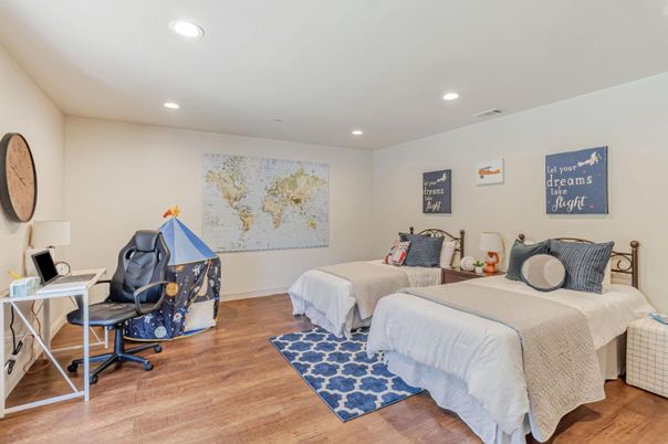 Bedroom, Interior, Recessed Lighting, Wood Texture Flooring