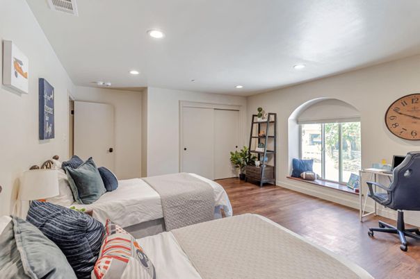Bedroom, Interior, Recessed Lighting, Wood Texture Flooring