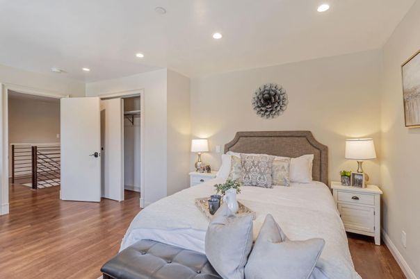 Bedroom, Interior, Recessed Lighting, Wood Texture Flooring