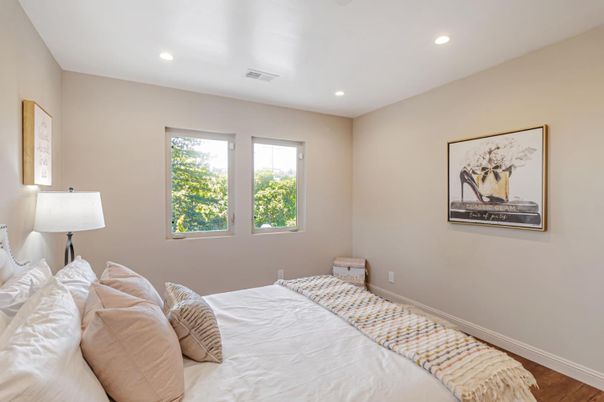 Bedroom, Interior, Recessed Lighting, Wood Texture Flooring