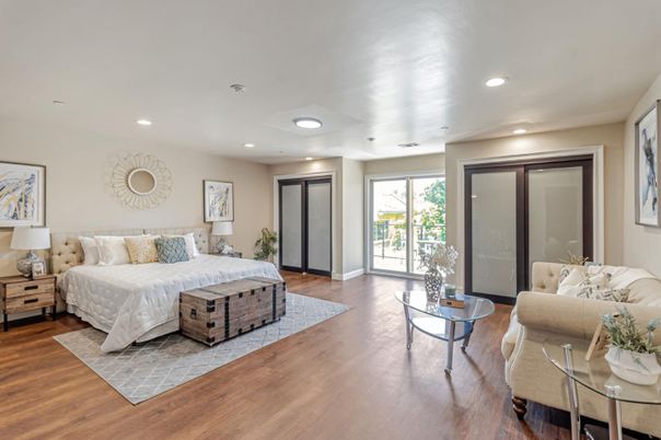 Bedroom, Interior, Recessed Lighting, Wood Texture Flooring