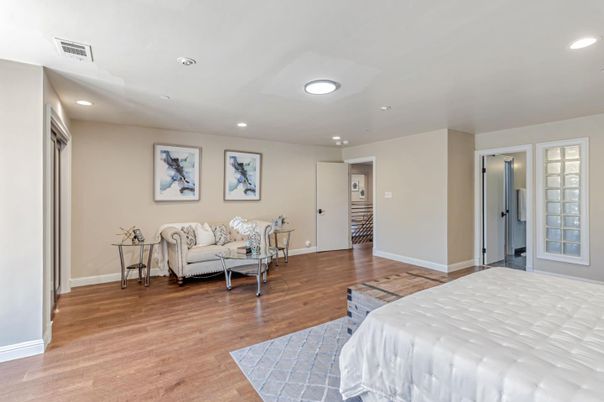 Bedroom, Interior, Recessed Lighting, Wood Texture Flooring