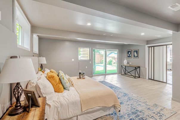 Bedroom, Interior, Recessed Lighting, Wood Texture Flooring