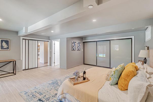 Bedroom, Interior, Recessed Lighting, Wood Texture Flooring