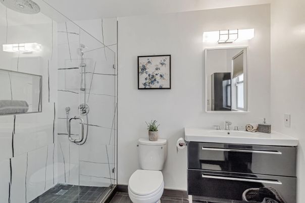 Bathroom, Glass Shower, Interior, Wood Texture Flooring