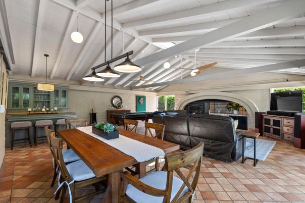 Billiard Table, Dining room, Fireplace, Interior, Living room, Pendant Lights, Stone Walls
