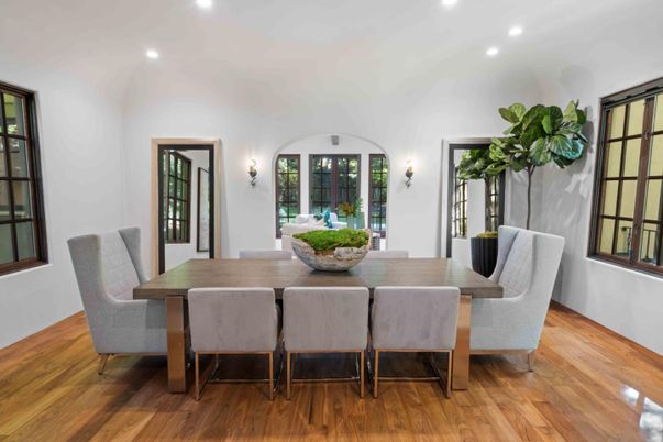 Dining room, Interior, Recessed Lighting, Wood Texture Flooring