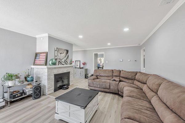 Fireplace, Interior, Living room, Recessed Lighting, Wood Texture Flooring