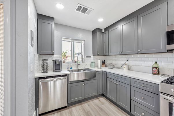 Interior, Kitchen, Recessed Lighting, Stainless Steel Appliances, Wood Texture Flooring