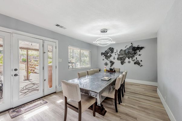 Dining room, Interior, Pendant Lights, Wood Texture Flooring