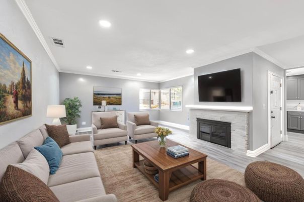Fireplace, Interior, Living room, Recessed Lighting, Wood Texture Flooring