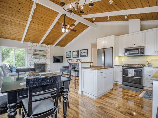 Chandelier, Dining room, Fireplace, Interior, Kitchen, Wooden Beams, Wooden Ceilings, Wood Texture Flooring