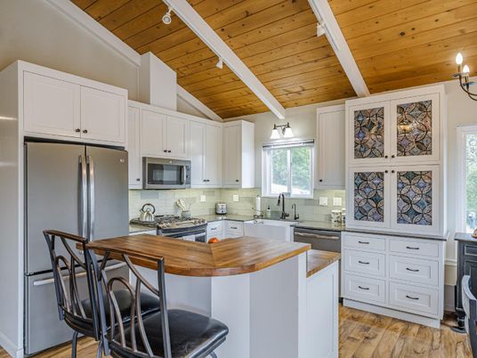 Interior, Kitchen, Stainless Steel Appliances, Wooden Ceilings, Wood Texture Flooring