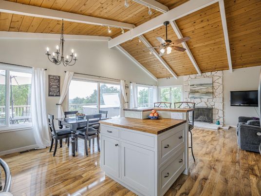 Chandelier, Dining room, Fireplace, Interior, Wooden Beams, Wooden Ceilings, Wood Texture Flooring