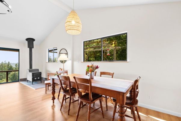 Dining room, Fireplace, Interior, Pendant Lights, Wood Texture Flooring