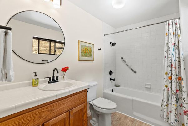 Bathroom, Interior, Tile Countertops, Wood Texture Flooring