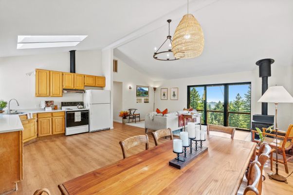 Dining room, Interior, Kitchen, Living room, Pendant Lights, Stainless Steel Appliances, Wood Texture Flooring