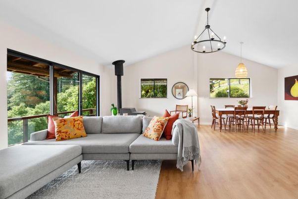 Dining room, Fireplace, Interior, Living room, Pendant Lights, Wood Texture Flooring