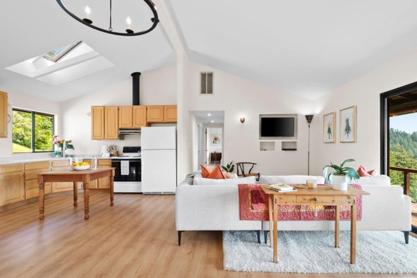 Chandelier, Dining room, Interior, Kitchen, Living room, Recessed Lighting, Stainless Steel Appliances, Wood Texture Flooring