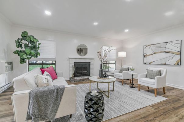Fireplace, Interior, Living room, Recessed Lighting, Wood Texture Flooring