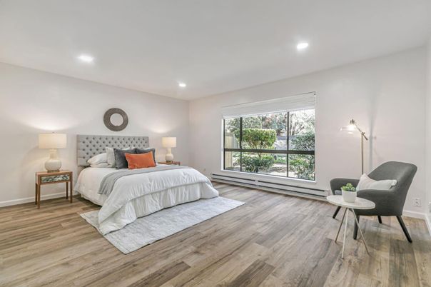 Bedroom, Interior, Recessed Lighting, Wood Texture Flooring
