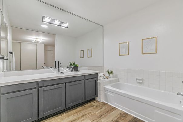 Bathroom, Dual Sink Vanities, Interior, Wood Texture Flooring