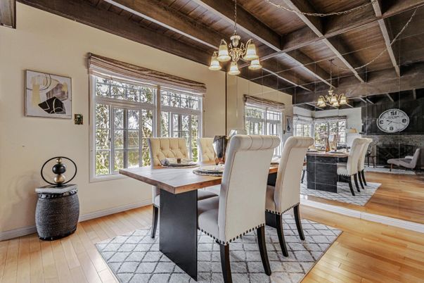 Chandelier, Dining room, Interior, Wooden Beams, Wooden Ceilings, Wood Texture Flooring