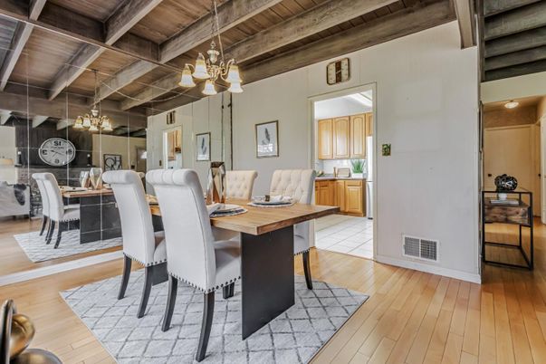 Chandelier, Dining room, Interior, Wooden Beams, Wooden Ceilings, Wood Texture Flooring
