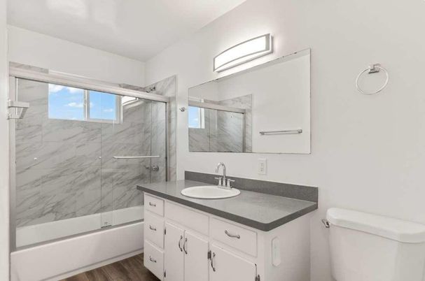Bathroom, Glass Shower, Interior, Marble Walls, Wood Texture Flooring