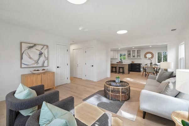 Dining room, Interior, Kitchen, Living room, Recessed Lighting, Wood Texture Flooring
