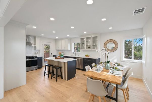 Dining room, Interior, Kitchen, Recessed Lighting, Stainless Steel Appliances, Wood Texture Flooring