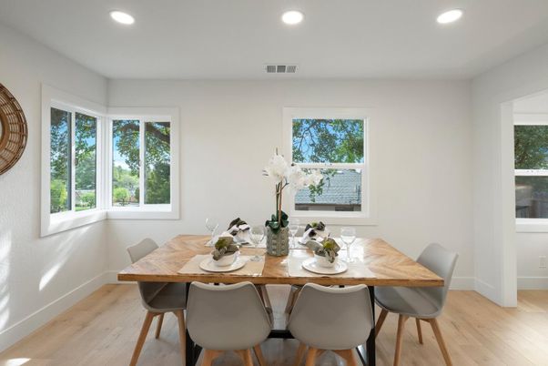 Dining room, Interior, Recessed Lighting, Wood Texture Flooring