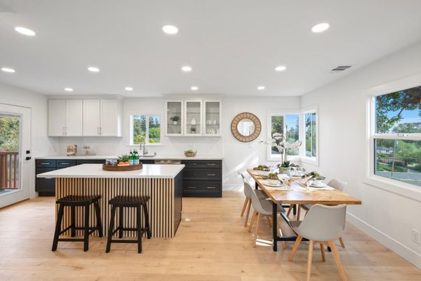 Dining room, Interior, Kitchen, Recessed Lighting, Wood Texture Flooring