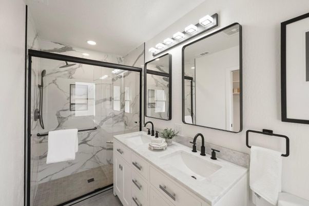 Bathroom, Dual Sink Vanities, Glass Shower, Interior, Marble Walls, Recessed Lighting