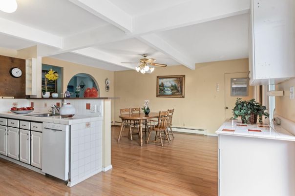 Dining room, Interior, Kitchen, Tile Countertops, Wood Texture Flooring