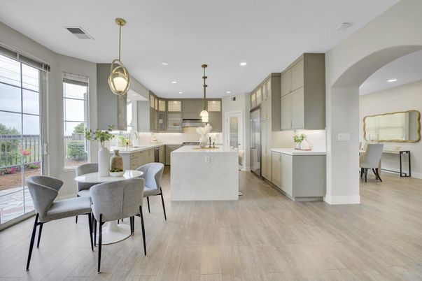 Dining room, Interior, Kitchen, Pendant Lights, Recessed Lighting, Wood Texture Flooring