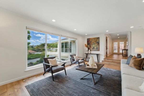 Fireplace, Interior, Living room, Recessed Lighting, Stone Walls, Wood Texture Flooring